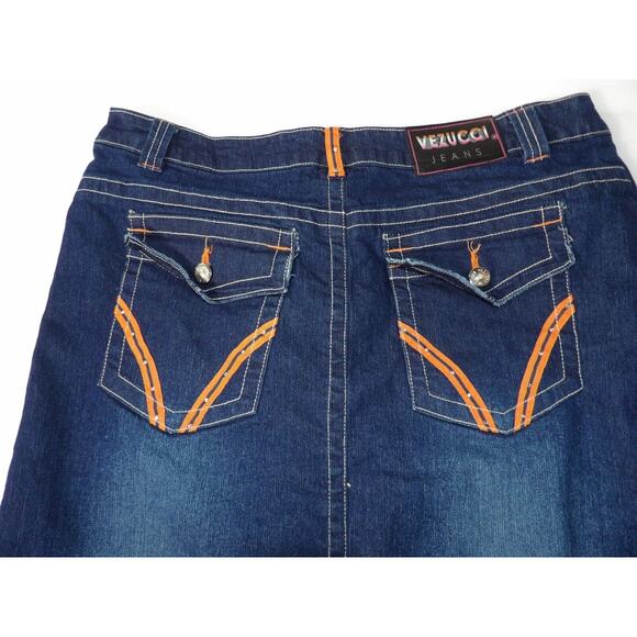 Vezucci Jeans Skirt Dark Wash Knee Length Modest Womens Sz 14 Orange Accent Y2K - Picture 11 of 11